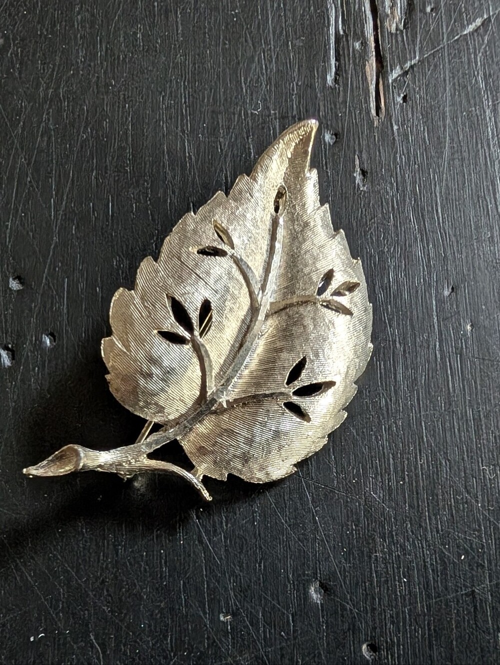 Vintage BSK Silver-Toned Leaf Brooch Mid-century Modern Botanical Brushed Design